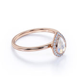 Classic 1.25 Carat Pear Shape Rainbow Moonstone and Diamond Halo Engagement Ring in Rose Gold
