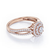Double Halo Cluster 1.8 Carat Round-Shaped Moissanite and diamond Split-Shaked Milgrain Pave Engagement Ring in Rose Gold