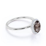Modern Solitaire 1.25 Carat Oval Cut Natural Druzy Black Brown Rutilated Quartz and Diamond Halo Engagement Ring