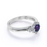 Tapered Floral Design 1.50 Carat Round Cut Lab Made Alexandrite and Diamond Cluster Pave Wedding Ring Sets for Her