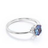 Trillion Geometric 1.05 Carat Hexagon Cut Lab Created Alexandrite And Diamond Three Stone Engagement Ring In White Gold