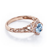 Modern Art Deco 1.10 Carat Round Cut Aquamarine And Diamond Cushion Framed Halo Engagement Ring In Rose Gold