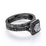 Art-Deco Pave Accented 1.7 TCW Princess Cut Moissanite with Lab Created Black Diamond Double Halo Bridal Ring Set in White Gold