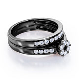 Flower Cluster Design 0.5 TCW Round-Shaped Black Diamond Flush-Channel Bridal Ring Set in  Black Gold