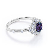 Clustered Halo 1.30 Carat Round Cut Lab Created Alexandrite And Diamond Beaded Antique Engagement Ring In White Gold
