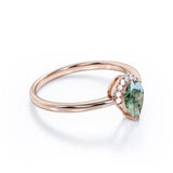 Lovely Half Bezel 1.50 Carat Teardrop Shape Banded Moss Green Agate and Diamond Pave Minimalist Engagement Ring