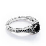 Double Prong Cluster - 1.4 TCW Round Lab Created Black Diamond - Filigree Pave Channel Engagement Ring in White Gold