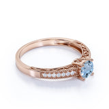 Pave Setting 1.50 Carat European Round Aquamarine and Diamond Milgrain Engagement Ring in White Gold