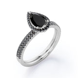 Scalloped Pave - 1.75 TCW Pear Shaped Lab Created Black Diamond - Halo Design Bridal Set in White Gold