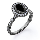 Antique Art Deco 1.35 Carat Oval Cut Black Diamond Halo Engagement Ring In Black Gold