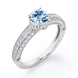 Classic Four Prong 1.45 Carat Round Cut Aquamarine And Diamond Vintage Milgrain Engagement Ring In White Gold