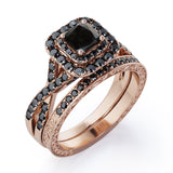 Filigree Twisted Pave 1.75 TCW Princess Cut Lab Created Black Diamond Rounded Square Double Halo Bridal Set in White Gold