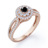 Double Halo Cluster 1.8 Carat Round-Shaped Black Diamond Split-Shaked Milgrain Pave Engagement Ring in White Gold