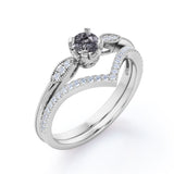 Modern Exquisite Art Deco 1.75 Carat Round Cut Genuine Dendritic Black Rutilated Quartz and Diamond Half Eternity Curved Band Wedding Ring Sets