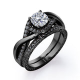 Filigree Tension-Halo 1.5 TCW Round Shape Moissanite with Lab Created Black Diamond Twisted Half Pave Wedding Set in Black Gold