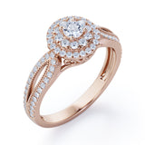 Double Halo Cluster 1.8 Carat Round-Shaped Moissanite and diamond Split-Shaked Milgrain Pave Engagement Ring in Rose Gold