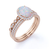 Affordable 2 Oval Ethiopian Antique Opal Ring and Halo Diamond in Trio Wedding set