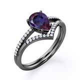 Chevron Pave Set 1.40 Carat Pear Cut Lab Created Alexandrite And Diamond V Style Bridal Set In White Gold