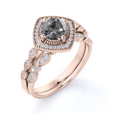 Art Deco Halo 0.8 Ct Round Cut Salt and Pepper Diamond Bridal Set