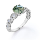 Vintage Exquisite Prong 1.50 Carat Round Cut Real Faceted Druzy Moss Green Agate and Diamond Art Deco Milgrain Engagement Ring