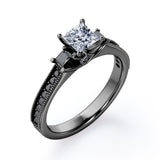 Trilogy Cathedral Prong - 1.4 TCW Princess Cut Moissanite with Lab Created Black Diamond - Milgrain Pave Channel Engagement Ring  in White Gold