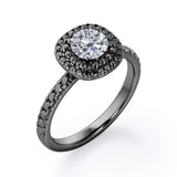 Cushion Double Halo - 1.5 TCW Round Cut Moissanite with Lab Created Black Diamond - Engagement Ring with Pave Accents in White Gold