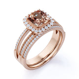 Filigree 2 Carat Cushion Morganite and Diamond Split Shank Wedding Ring Set in White Gold