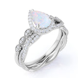 1.75 ct Pear Shaped Fire Opal & Diamond Vintage Wedding Ring Set in 10K White Gold