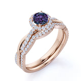Twist Under Halo 1.75 Carat Round Cut Lab Grown Alexandrite and Diamond Semi Eternity Wedding Set Rings