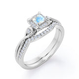 Cushion Halo Prong - 0.85 TCW Princess Cut Moonstone and Moissanite - Infinity Split Shank Wedding Ring Set -  White Gold