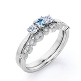 1.10 Carat Round Cut Aquamarine And Diamond Art Deco Wedding Ring Set In White Gold
