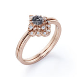 Sunburst Bezel Set 0.65 Carat Round Druzy Black Rutilated Quartz and Diamond Art Deco Dainty Wedding Set Rings