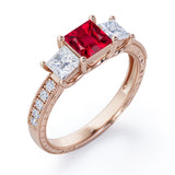 Trilogy 1.25 ct Princess Lab-Created Ruby Vintage Engagement Ring