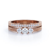 1.25 Carat Round Cut Near Colorless Moissanite And Diamond Three Stone Wedding Ring Set In White Gold