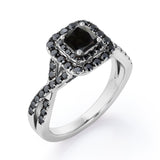 Rounded Square Double Halo -  1.55 TCW Princess Cut Lab Created Black Diamond - Infinity Pave Engagement Ring in White Gold