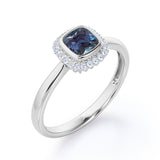 Minimal Halo 1.25 Carat Cushion Cut Lab Created Alexandrite And Diamond Bezel Set Engagement Ring In White Gold For Women