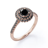 Double Halo Cluster - 1.5 TCW Round Shape Lab Created Black Diamond - Pave Accented Engagement Ring in White Gold