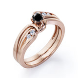 Mini Channel Design 0.5 TCW Round Cut Black Diamond Six-Prong Bridal Ring Set in Rose Gold