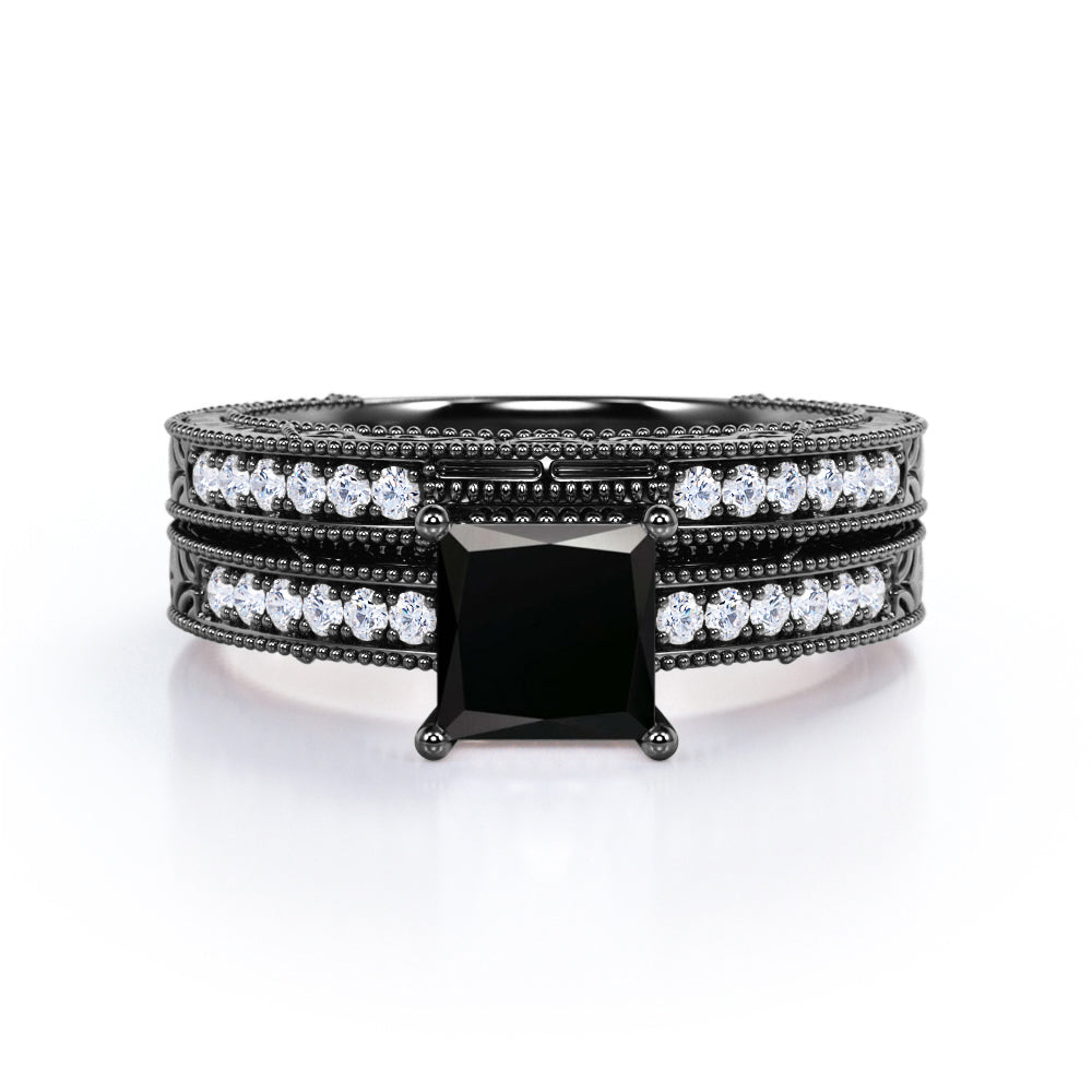 1.50 carat princess cut Black Diamond vintage milgrain bridal set ring in white gold