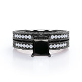 1.50 carat princess cut Black Diamond vintage milgrain bridal set ring in white gold