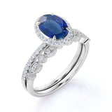 Antique Design 2 Carat Oval Cut Sapphire and Diamond Halo Wedding Set with Art Deco Band in White Gold