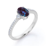 Affordable 1.40 Carat Oval Cut Lab Created Alexandrite And Diamond Four Prong Pave Engagement Ring In White Gold
