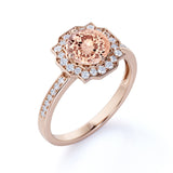 Designer 1.25 Carat Round Cut Peach Morganite and Diamond Halo Engagement Ring in Rose Gold