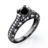 Beaded Four Prongs 1.40 Carat Round Cut Black Diamond Antique Art Deco Engagement Ring In White Gold