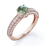 Classic Four Prong 1.45 Carat Round Cut Green Moss Agate And Diamond Vintage Milgrain Engagement Ring In Rose Gold