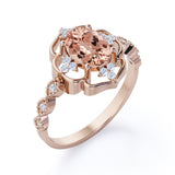 Colossal Flower 0.65 carat Oval Morganite and Moissanite Decorative Halo Engagement Ring in White Gold