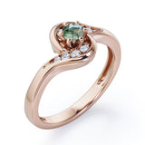 Whirly Gemstone 0.55 carat Round Green Moss Agate and Moissanites Artistic Engagement Ring in White Gold