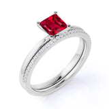 Perfect 1.25 Carat Princess cut Ruby and Diamond Bridal Ring Set in White Gold