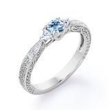 Mini Butterfly 1.10 Carat Round Cut Aquamarine And Diamond  Vintage Filigree Engagement Ring In White Gold