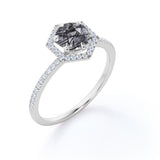 Hexagon Halo 1.50 ct Round Black Rutilated Quartz Engagement Ring